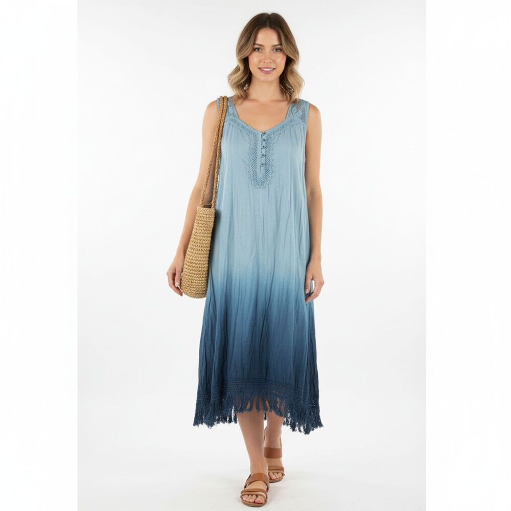 Pure by‎ Exist 100% Cotton Fringe Trim Sleeveless A Line Midi Dress NEW L
